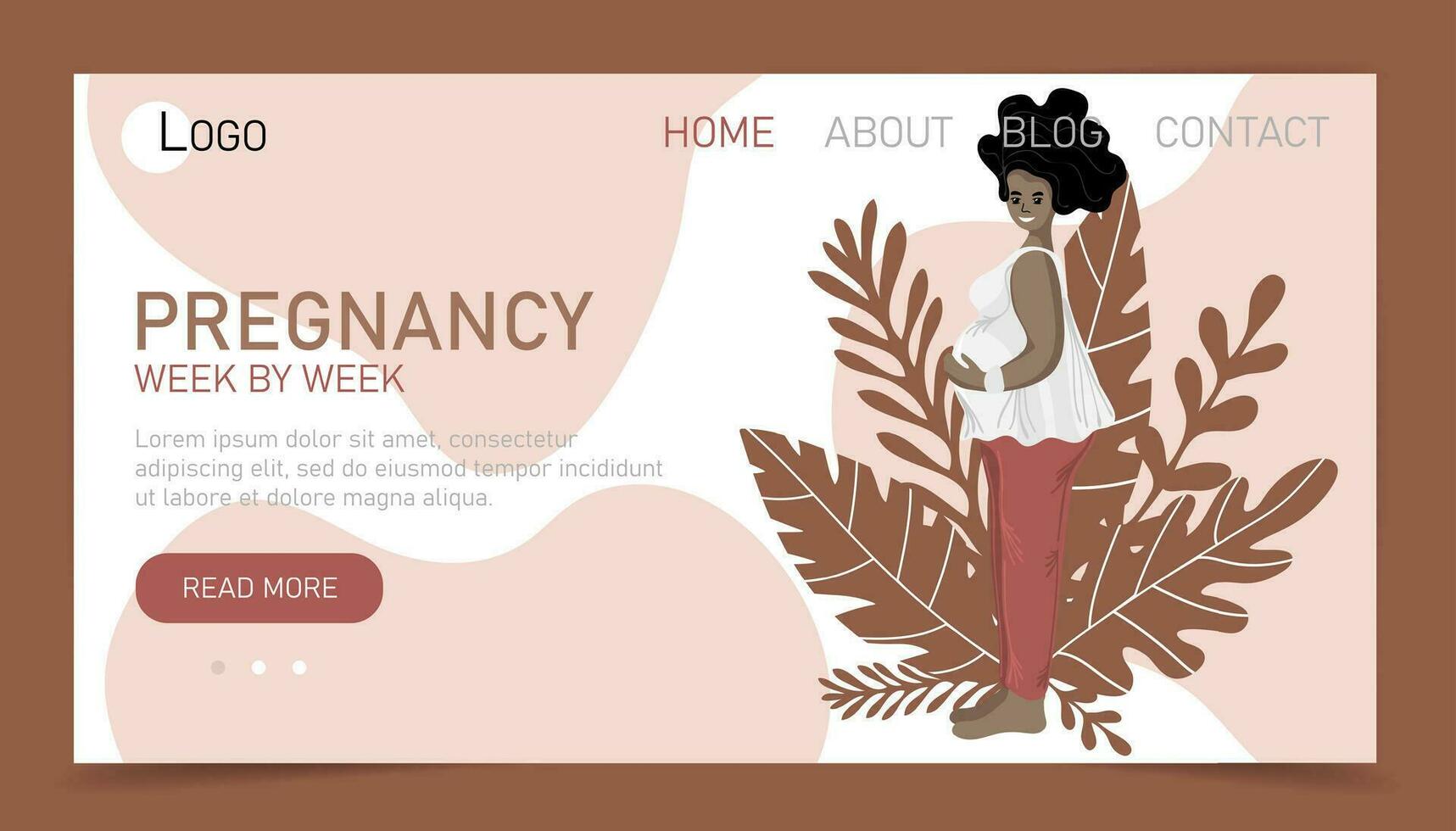 gravidanza settimana di settimana atterraggio pagina o sito web modello. donna personaggio aspettandosi bambino raggiante con anticipazione e beato eccitazione vettore
