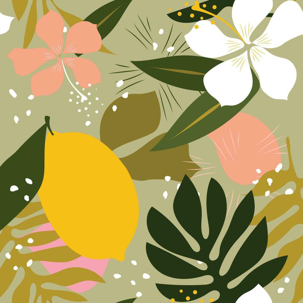 tropicale fiori e limoni moderno arte futuro astratto e artistico palma le foglie su un' verde sfondo. senza soluzione di continuità modello per moderno tessile. vettore. vettore