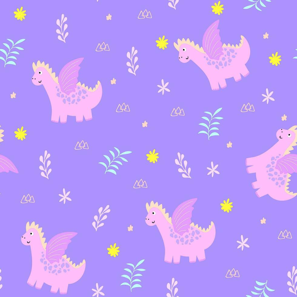 dinosauro ragazza senza soluzione di continuità modello.mano disegnato illustrazione con rosa Drago per bambini tessile, vestiti, accessori, compleanno festa arredamento. scarabocchio vettore cartone animato personaggio Stampa design abbigliamento