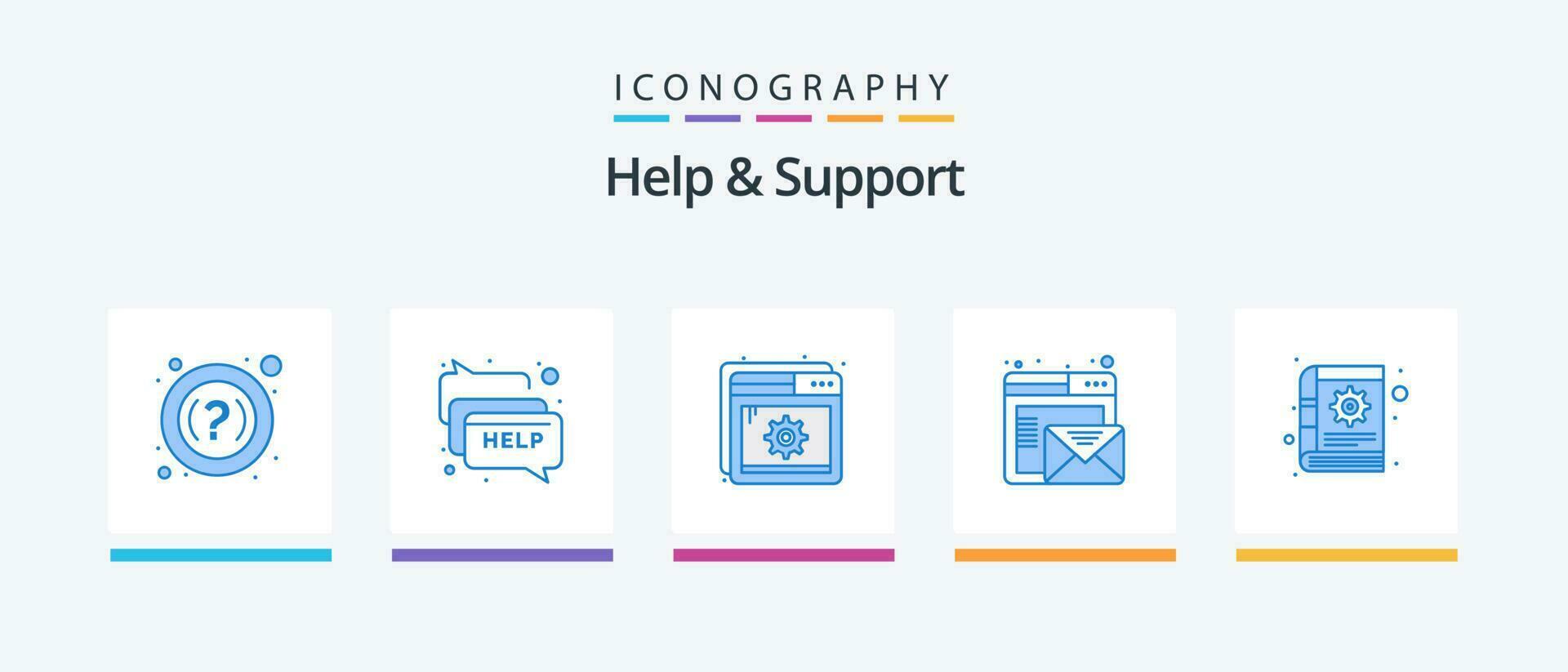 Aiuto e supporto blu 5 icona imballare Compreso Ingranaggio. libro. ottimizzazione. in linea. e-mail. creativo icone design vettore
