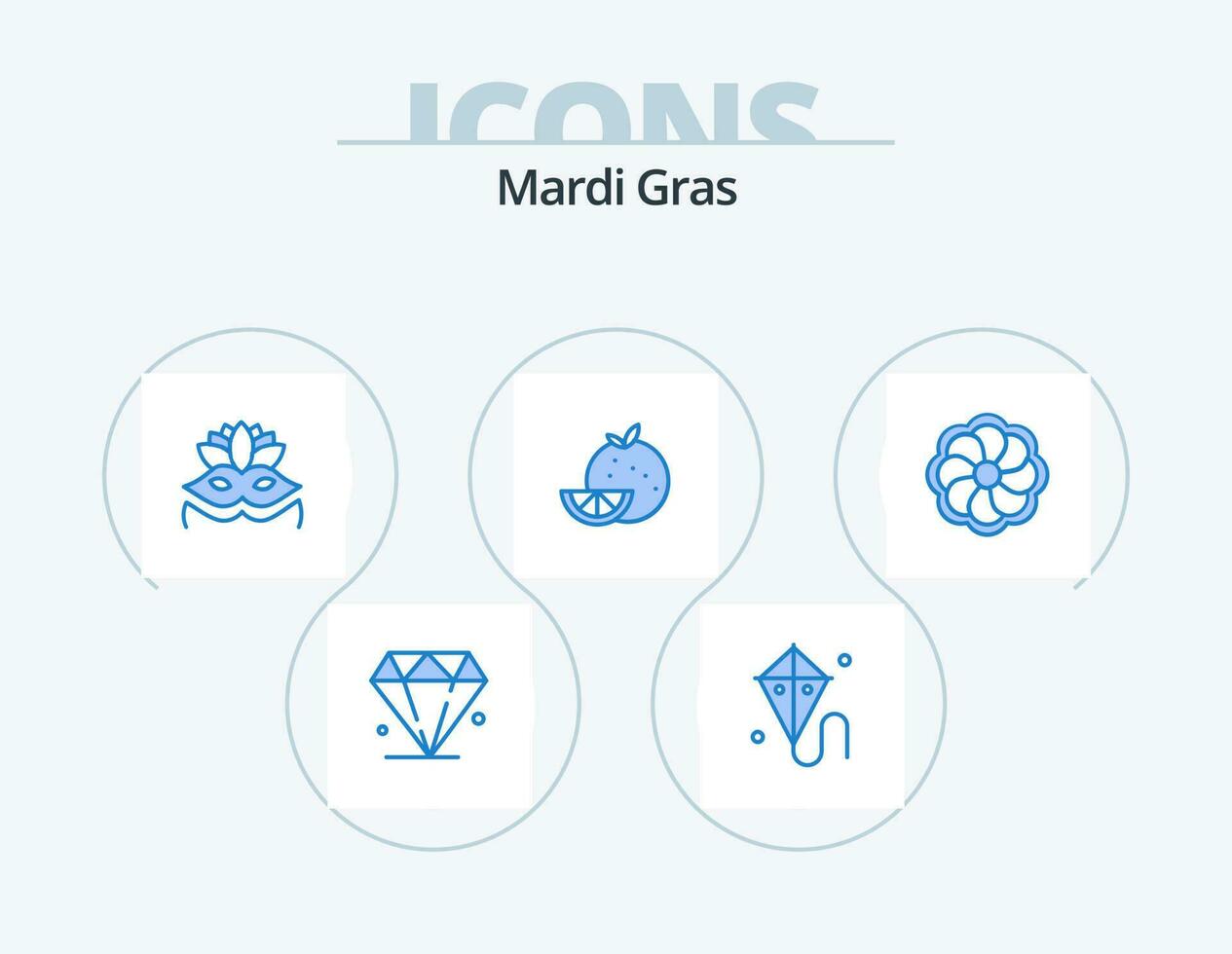 mardi gras blu icona imballare 5 icona design. . fiore. costume maschera. girasole. frutta vettore