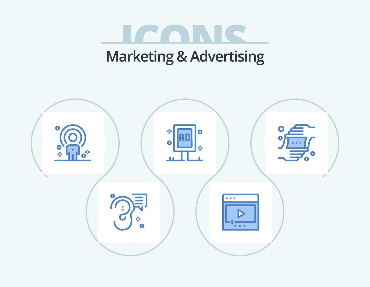 marketing e pubblicità blu icona imballare 5 icona design. tavola. pubblicità. multimedia. reclutamento. persone vettore