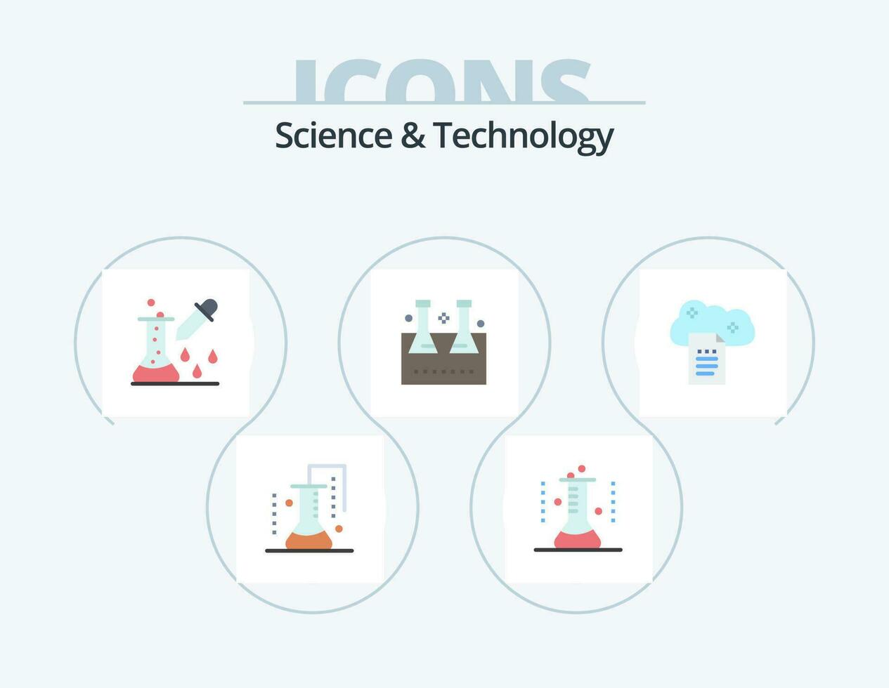 scienza e tecnologia piatto icona imballare 5 icona design. file Conservazione. nube segnalazione. pipetta contagocce. test tubo. laboratorio borraccia vettore