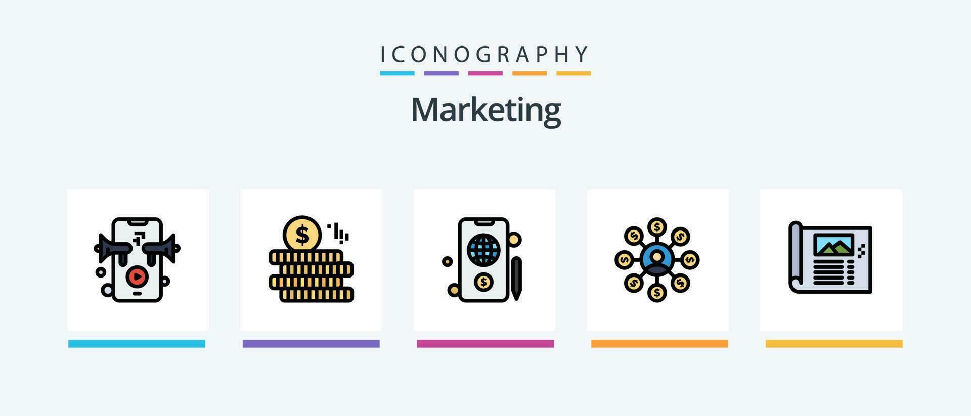 marketing linea pieno 5 icona imballare Compreso in linea. marketing. copywriting. marcatura. computer. creativo icone design vettore