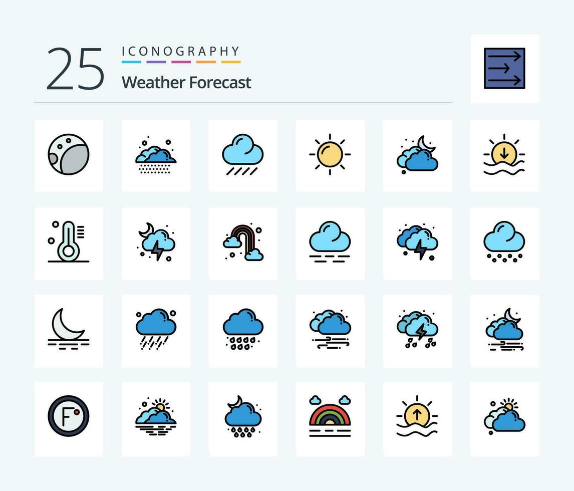 tempo metereologico 25 linea pieno icona imballare Compreso tempo atmosferico. temperatura. nube. tempo atmosferico. sole vettore
