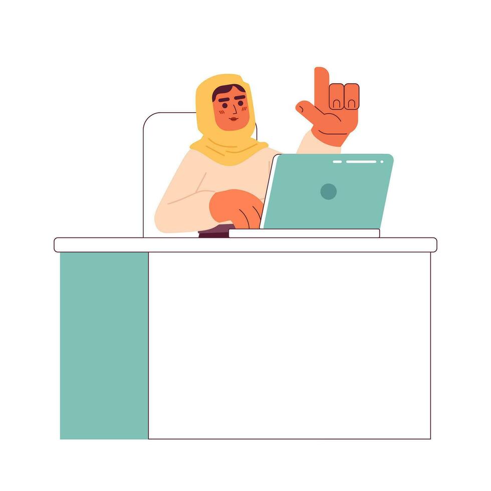 musulmano donna nel hijab Lavorando su computer 2d vettore isolato individuare illustrazione. parlando piatto personaggio su bianca sfondo. occupato persona colorato modificabile scena