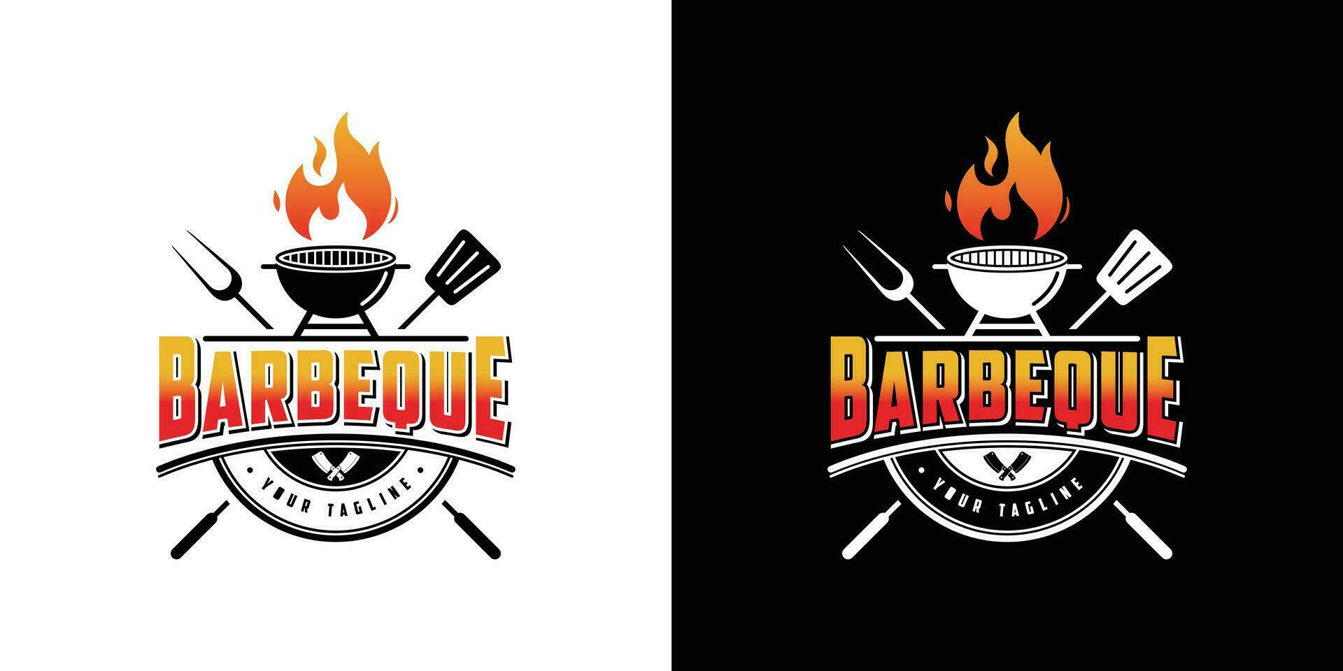 Vintage ▾ fricchettone griglia barbeque invito festa barbecue bbq con attraversato forchetta spatola e fuoco fiamma logo design vettore