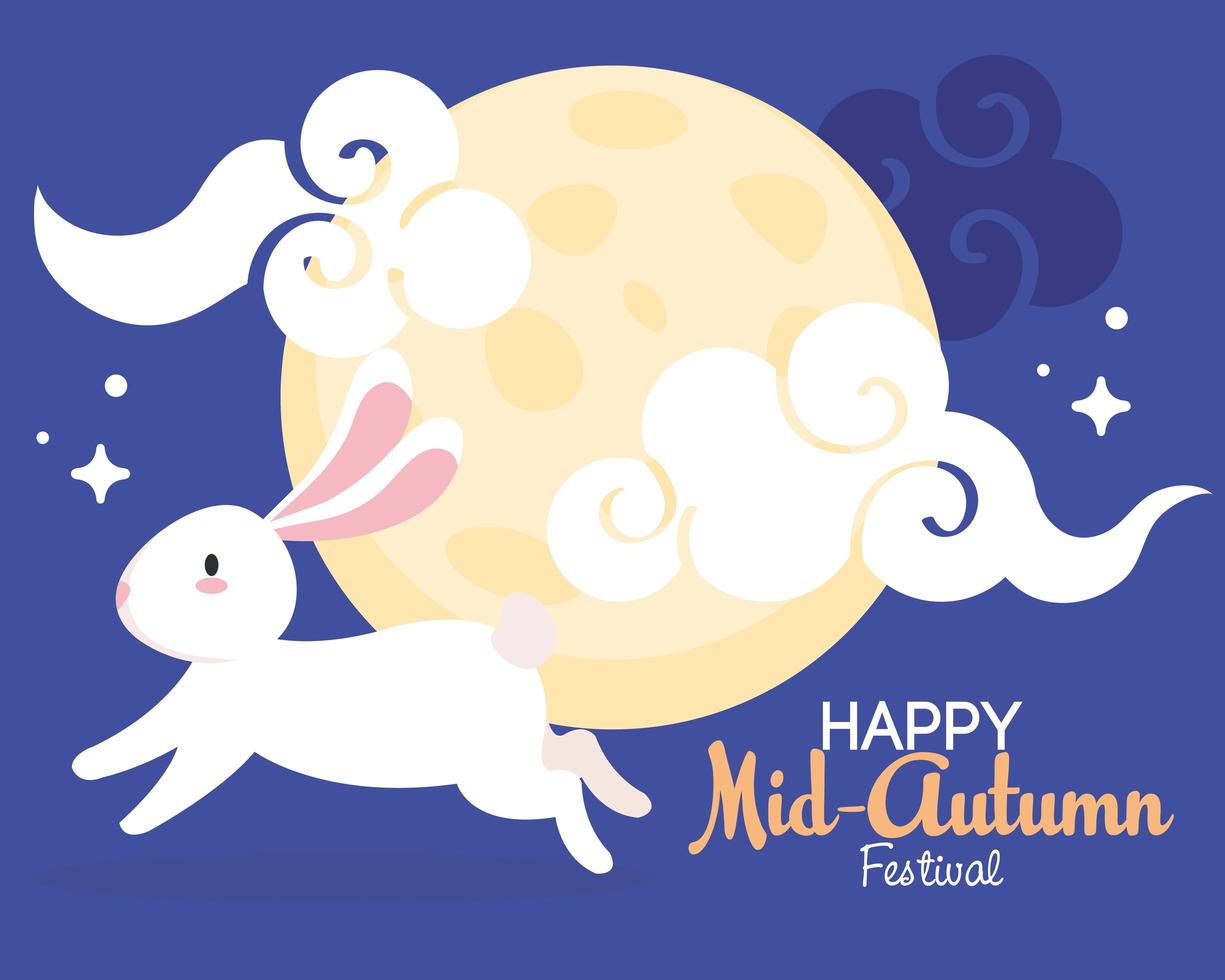 festival cinese di metà autunno con luna piena, coniglio e nuvole vettore