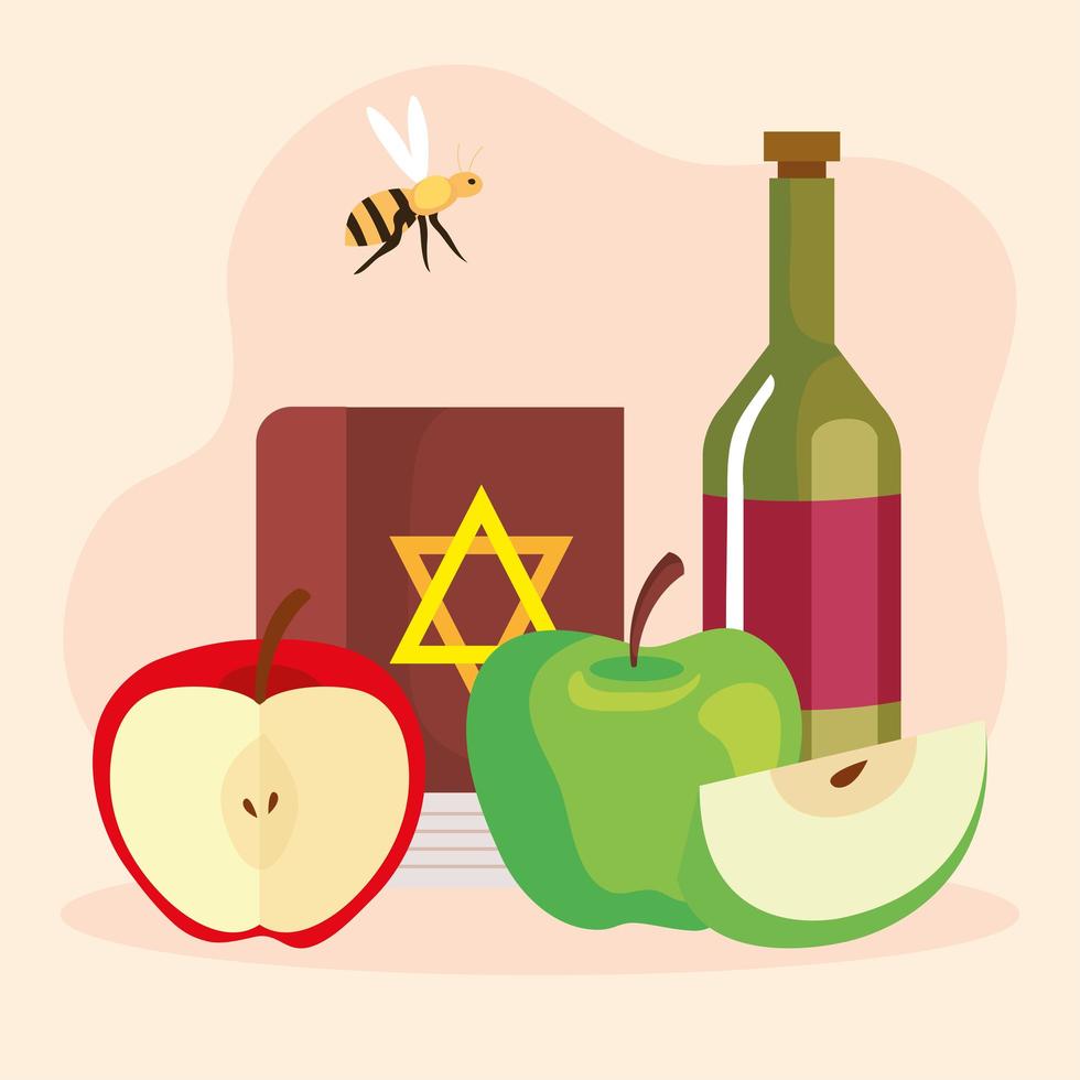 celebrazione di rosh hashanah, capodanno ebraico, con bottiglia di vino e decorazioni vettore