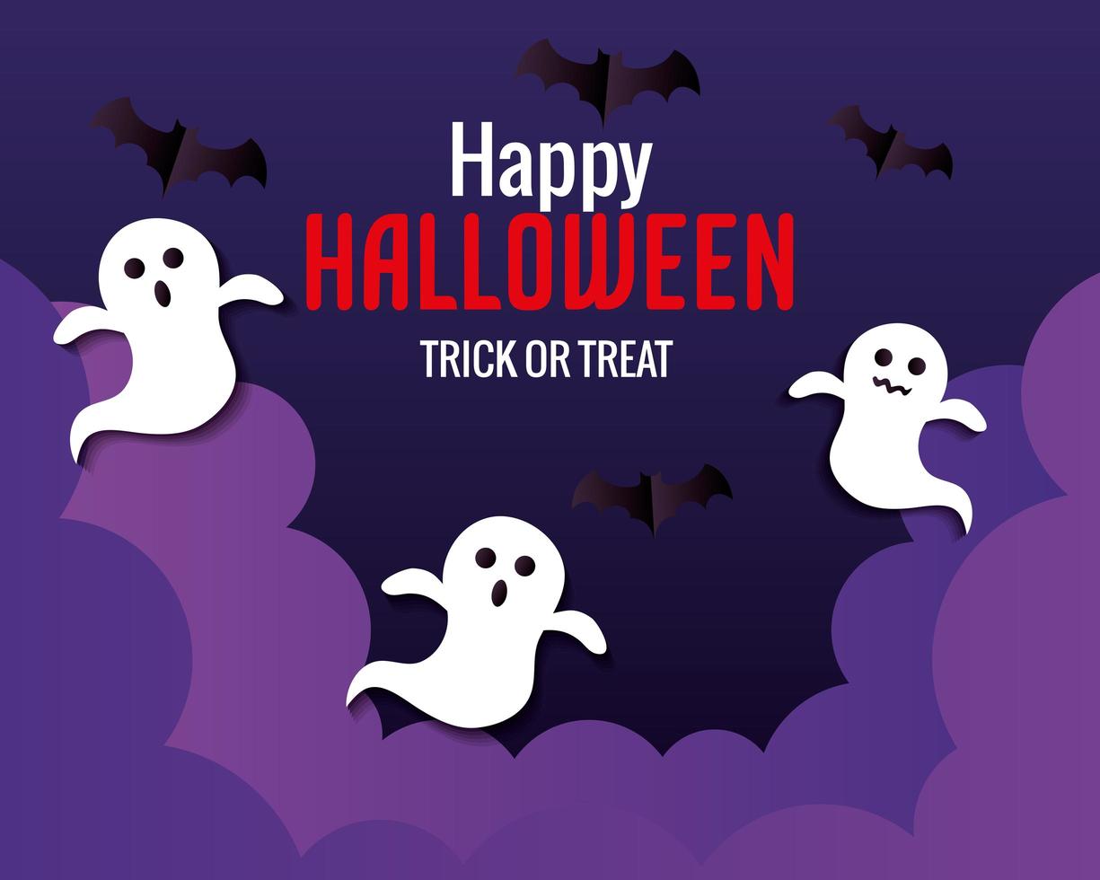 felice striscione di halloween, con fantasmi, nuvole e pipistrelli che volano in stile carta tagliata vettore