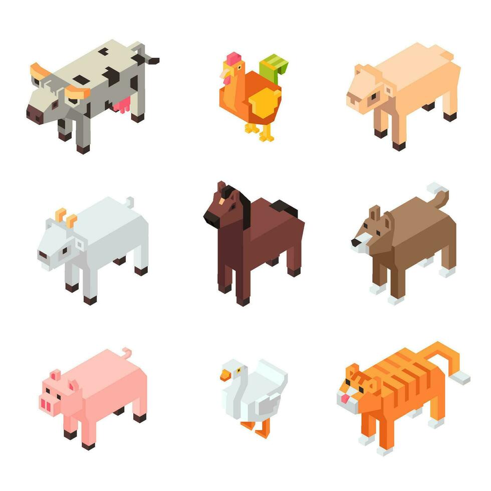 divertente animale personaggi, pixel o piazza figure vettore