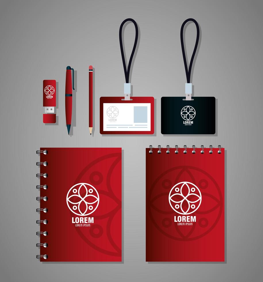 mockup del marchio di identità aziendale, set di cancelleria aziendale, mockup rosso e nero con segno bianco vettore