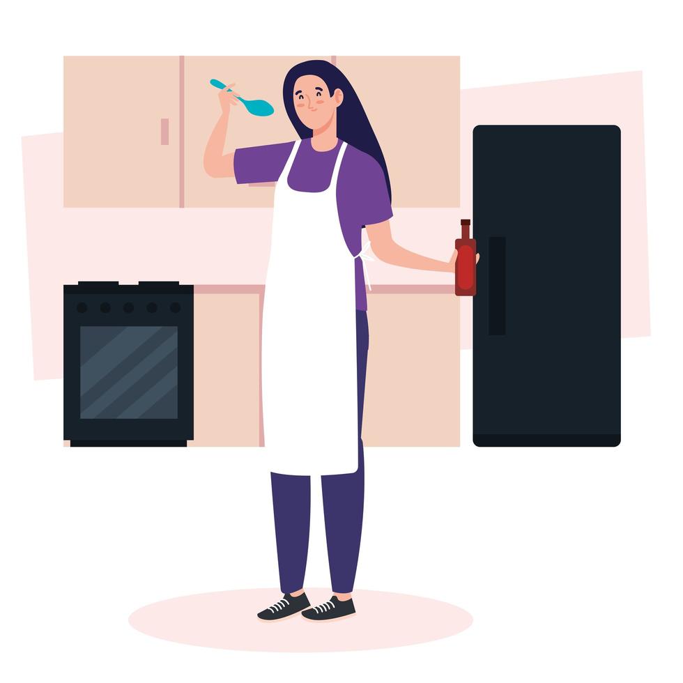 donna che cucina in una scena della cucina con frigorifero, cassetti e fornelli vettore