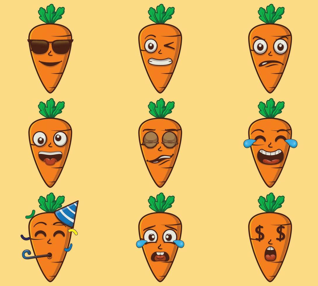 vettore carino e kawaii carota emoticon espressioni impostato