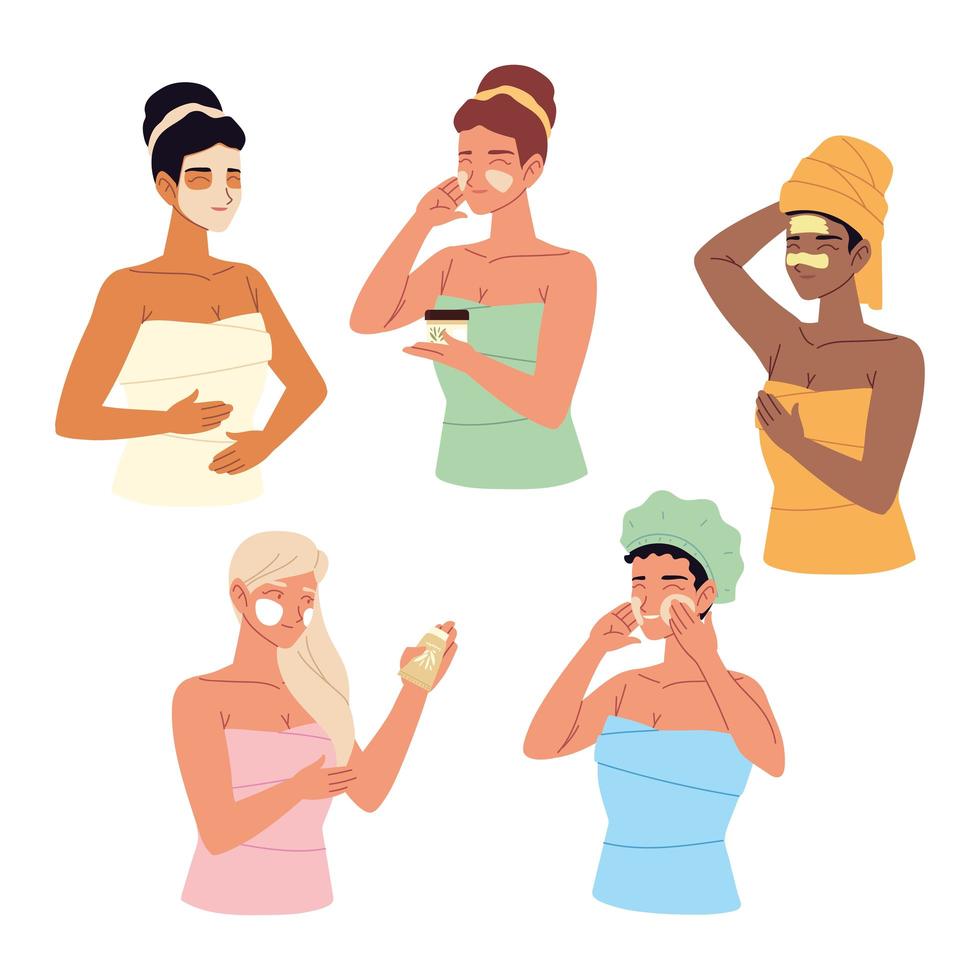giovani donne avvolte in un asciugamano, applicano diverse maschere cosmetiche per il viso, cura della pelle vettore