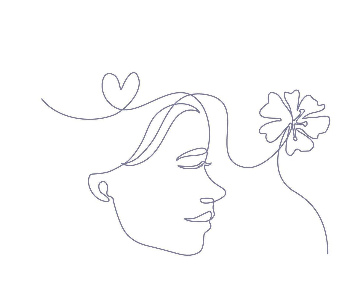 continuo linea arte di un' contento donna con un' fiore e cuore forma simbolo, Linea artistica vettore illustrazione.