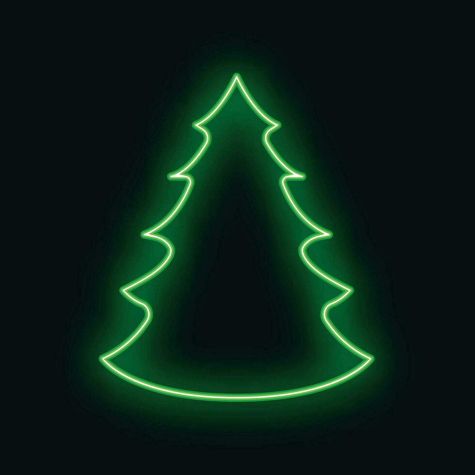 concetto Natale abete albero icona verde neon splendore stile, contento nuovo anno, allegro Natale piatto vettore illustrazione, isolato su nero.