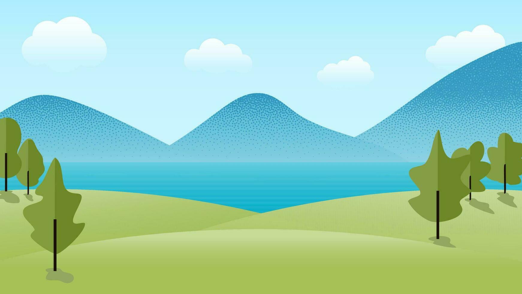 vuoto spazio sfondo, paesaggio Visualizza di colline su il bordo di il lago e righe di montagne nel il distanza. semplice cartone animato illustrazione per famiglia viaggio e viaggiare, avventura vettore