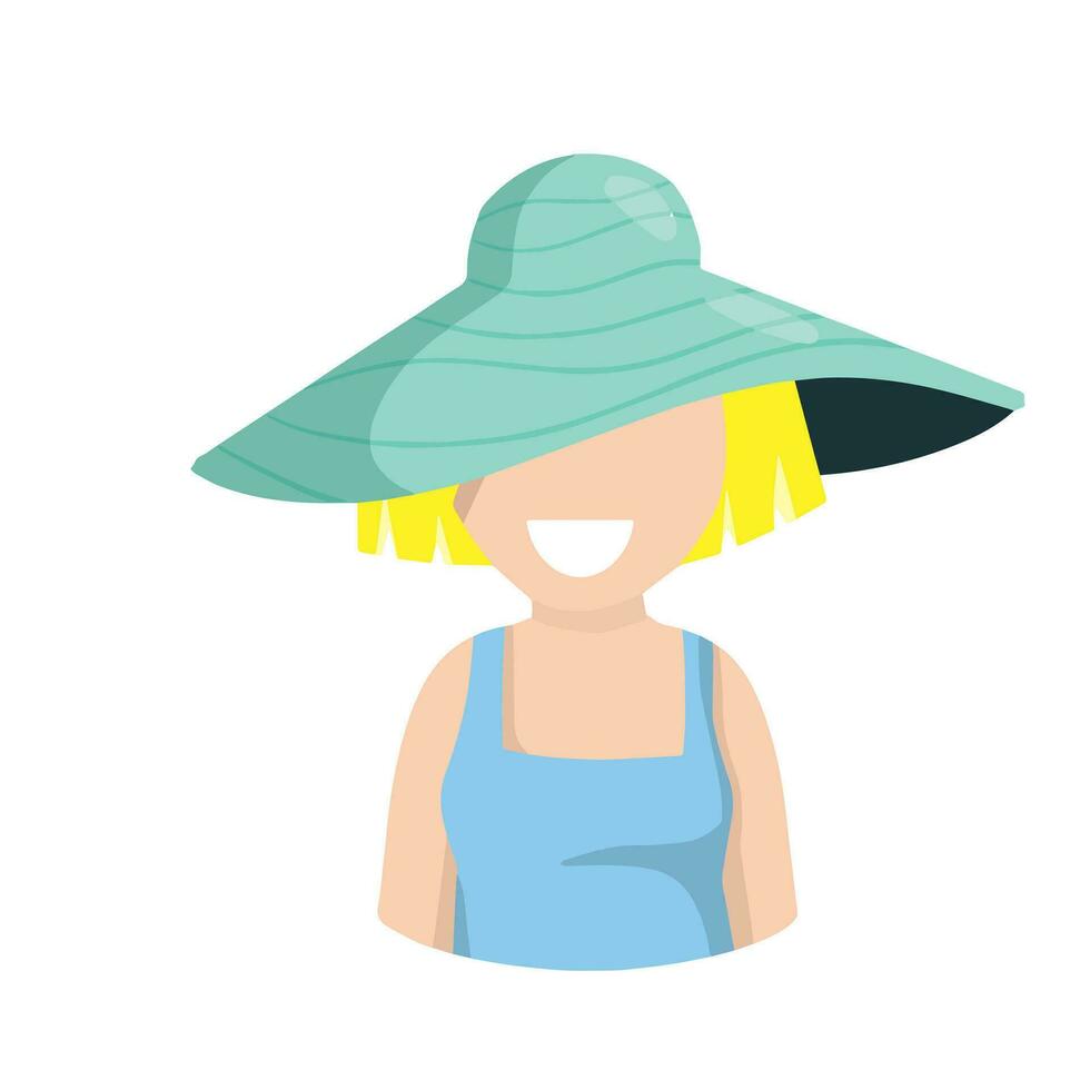 giovane donna nel alla moda estate cappello. sorridente ragazza. avatar per il sociale Rete. femmina biondo carattere. piatto cartone animato illustrazione vettore