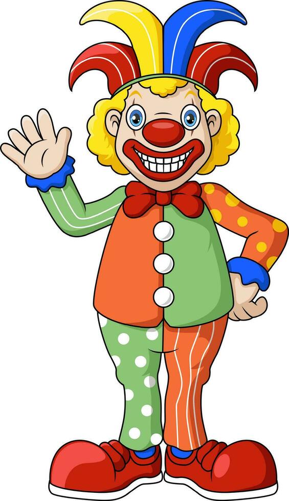 carino clown cartone animato agitando mano vettore