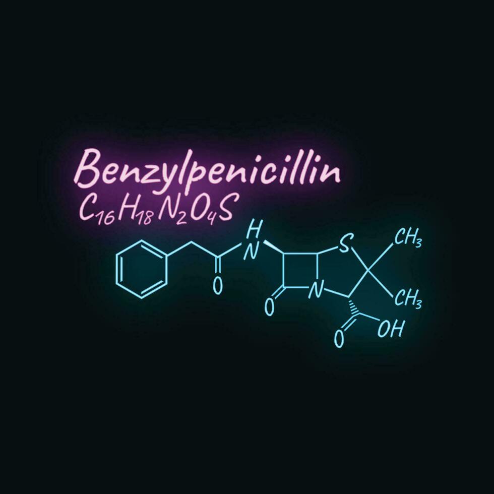 benzilpenicillina antibiotico chimico formula, composizione, concetto strutturale droga, isolato su nero sfondo, neon stile vettore illustrazione.