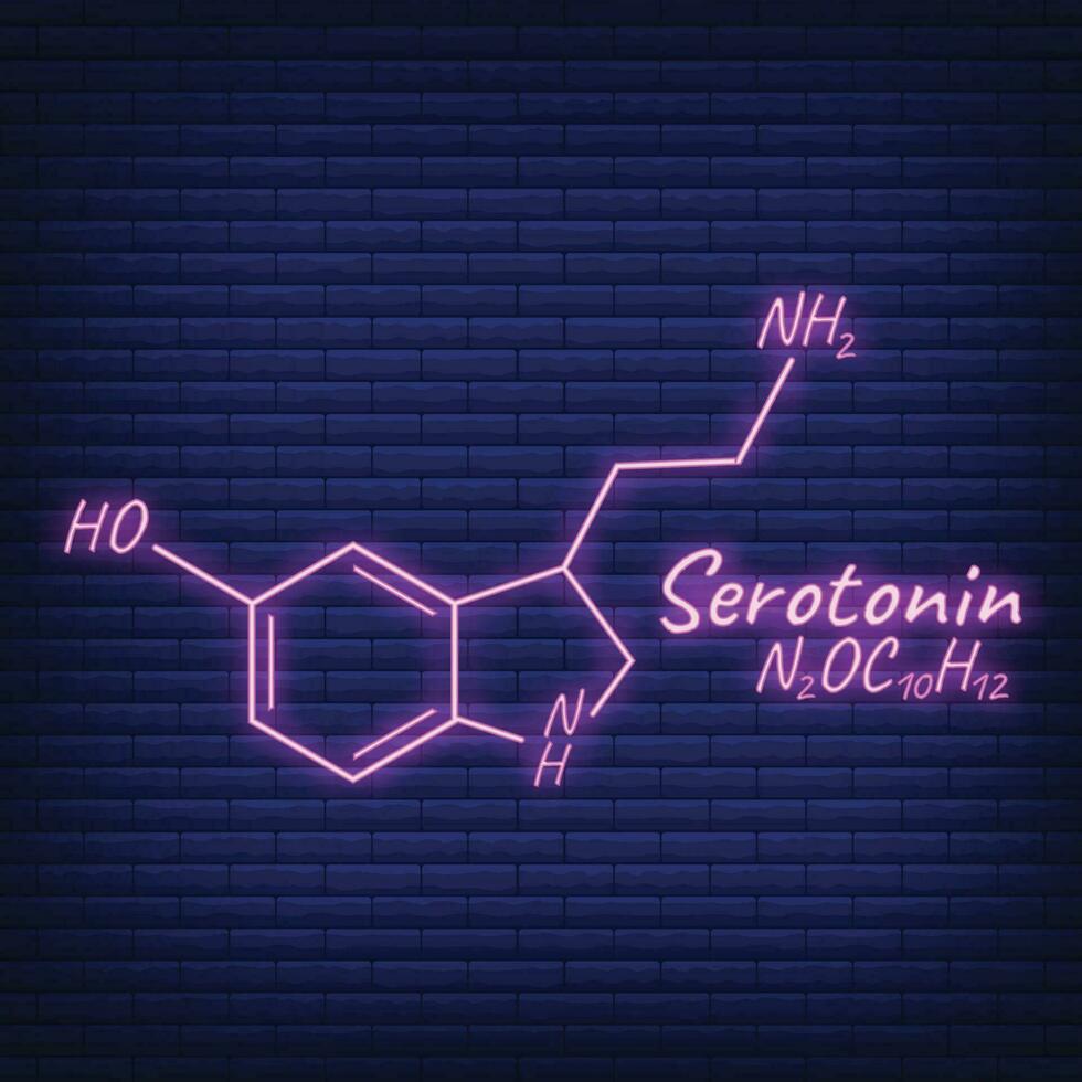 umano ormone serotonina periodico elemento concetto chimico scheletrico formula icona etichetta, testo font neon splendore vettore illustrazione, isolato su nero.