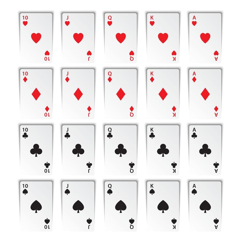 set di scale reali isolato su sfondo bianco, cuori, fiori, quadri e picche, carte da gioco del casinò vettore