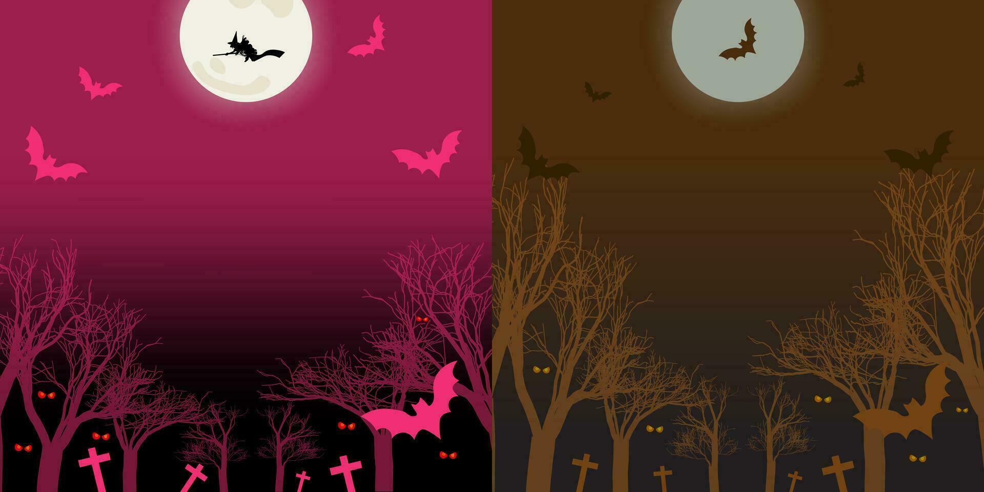 impostato di raccapricciante foresta e cimiteri con volante pipistrelli, fantasmi, tombe, streghe, e pieno Luna nel il cielo. Perfetto sfondo per orrore disegni, Halloween, frequentato manifesti. vettore illustrazioni