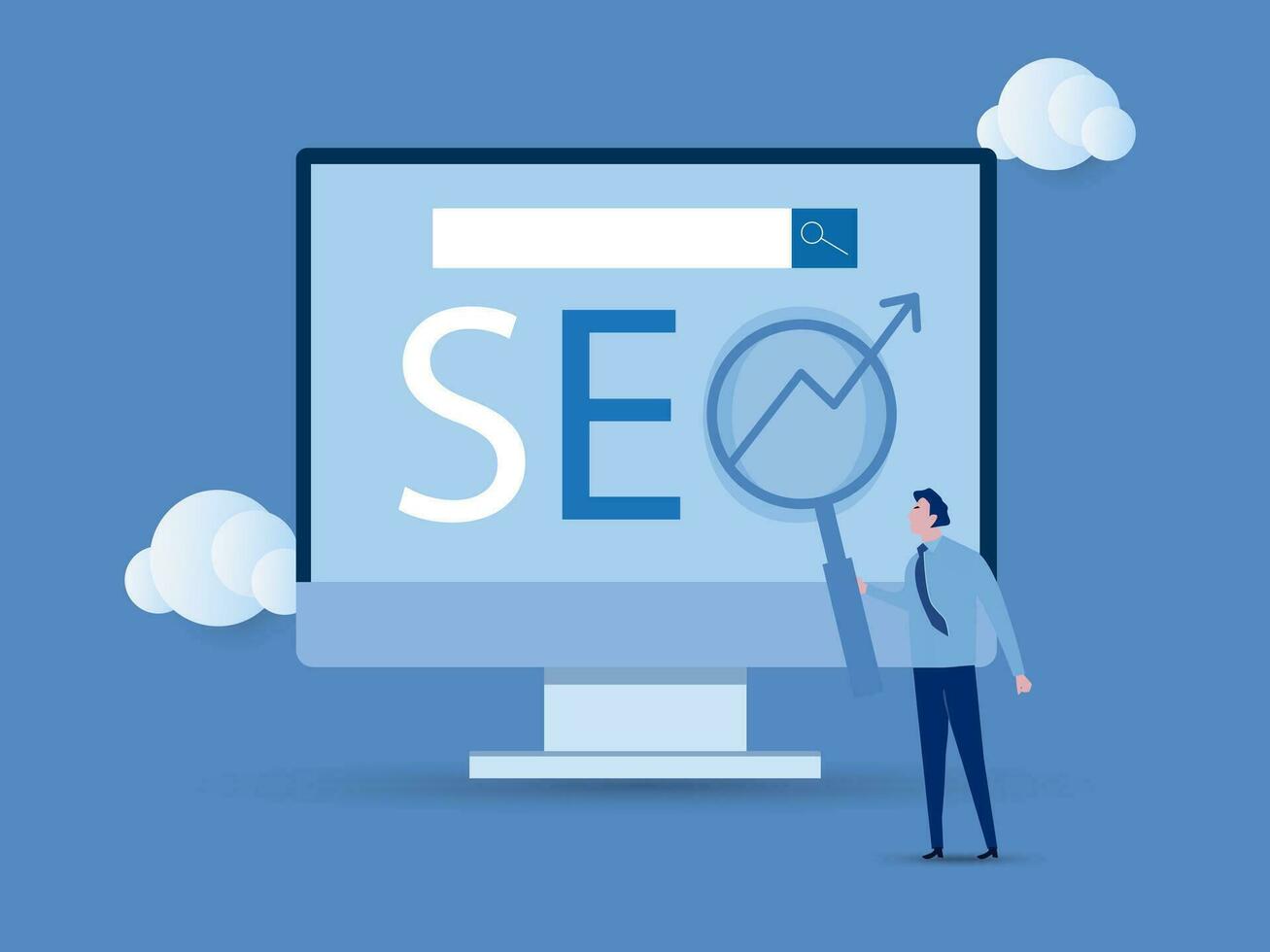 sito web ricerca risultato, pubblicità o marketing per Incremento ragnatela classifica o utente scoperta concetto, SEO ricerca motore ottimizzazione, uomo d'affari hold ingrandimento bicchiere su SEO crescente freccia ricerca scatola. vettore