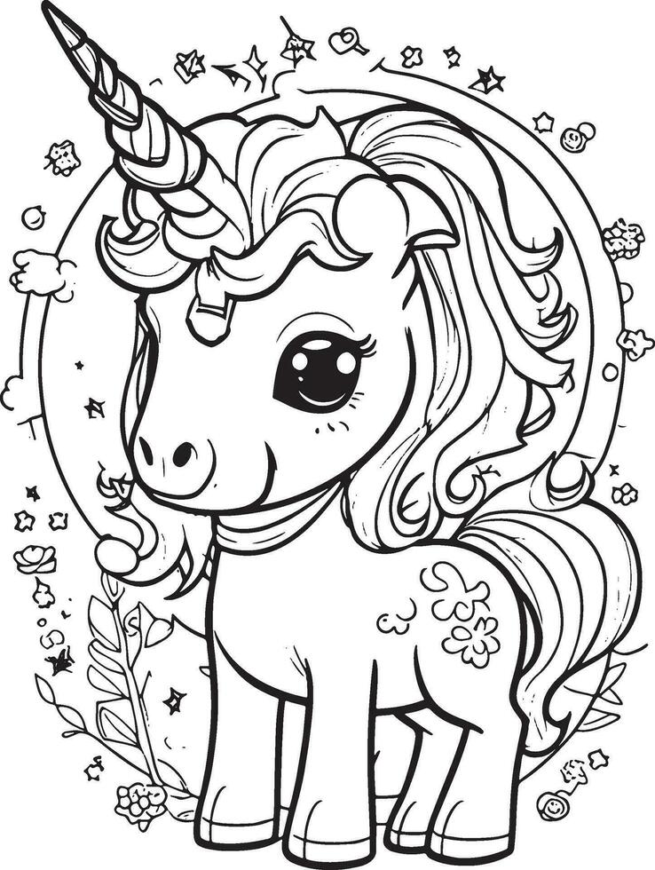 pagina da colorare unicorno per bambini vettore