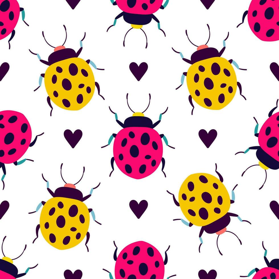 divertente coccinelle con cuori. senza soluzione di continuità modello con cartone animato elementi. vettore