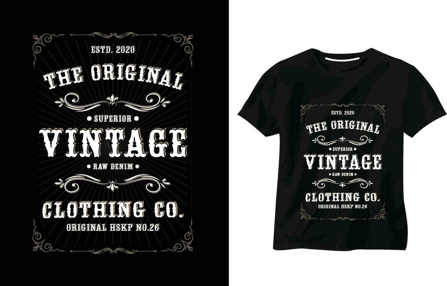 il originale superiore Vintage ▾ crudo denim, Vintage ▾ emblema con lettering composizione su buio maglietta design vettore
