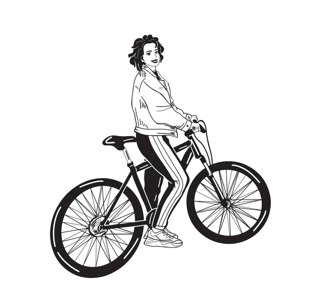 vettore personaggio design di un adulto giovane donna equitazione biciclette. elegante femmina hipsters su bicicletta, lato Visualizza, isolato.