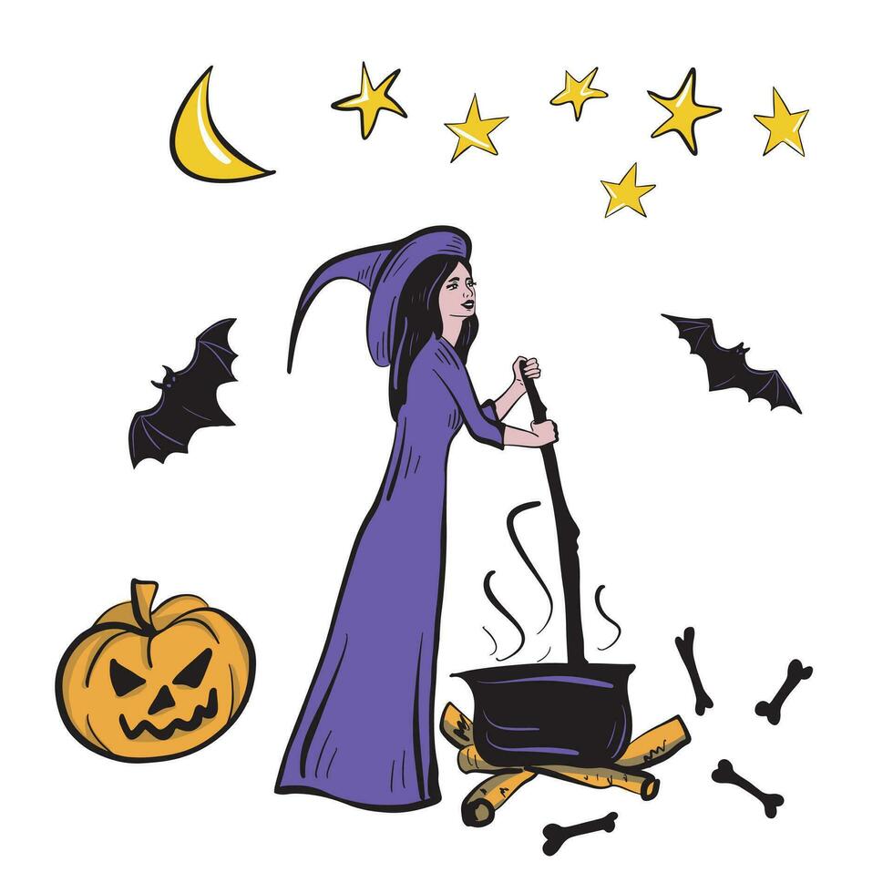 un' bellissimo strega è preparazione un' pozione circondato di pipistrelli e un' zucca.halloween cartone animato.mano disegnato illustrazione. vettore