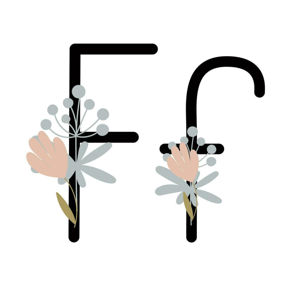 lettera f di inglese, latino alfabeto maiuscolo, minuscolo decorato con fiori, floreale monogramma vettore illustrazione nel semplice boho stile, piatto pastello colorato decorativo lettering