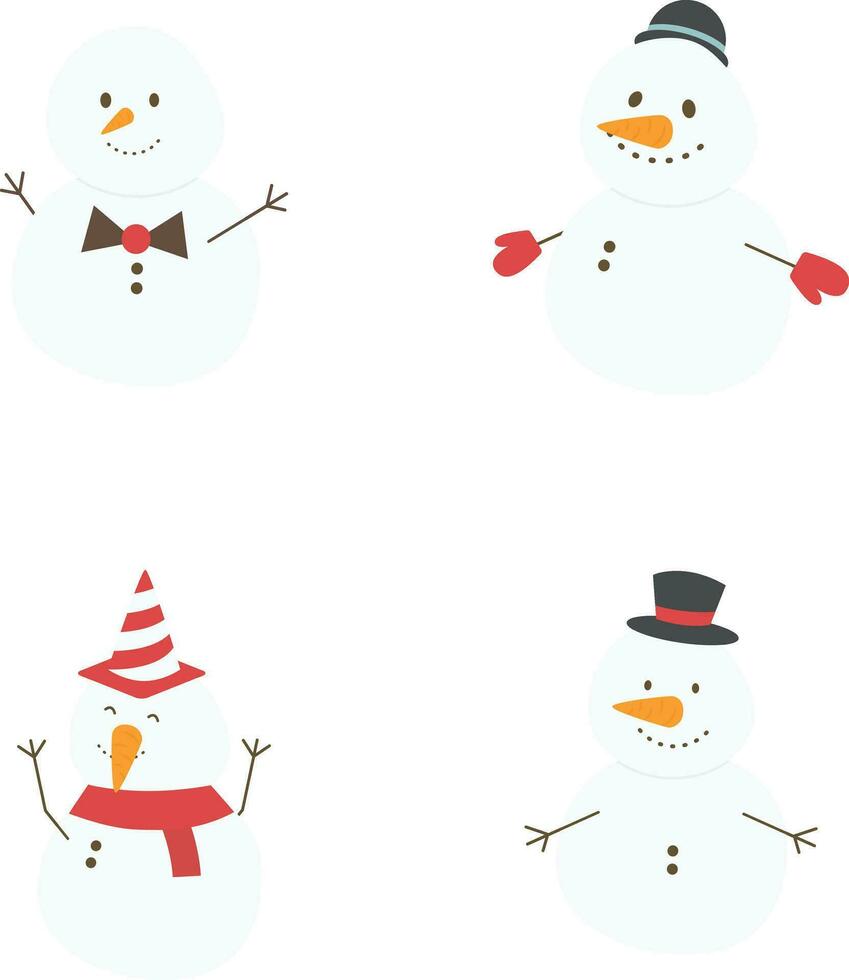 inverno pupazzi di neve. allegro pupazzi di neve nel diverso costumi. vettore illustrazione su bianca isolato sfondo.