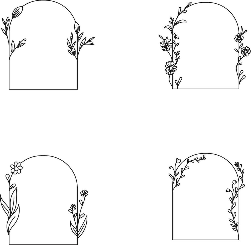 arco floreale telaio. mano disegnato botanico vettore illustrazione. fiore ghirlanda nero e bianca.