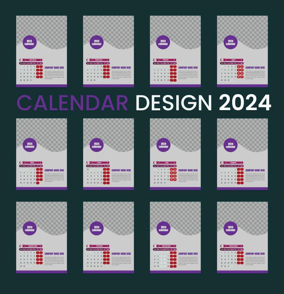 calendario design modello per 2024, minimalista, pulire, e elegante design .impostare di 12 calendario pagine vettore design Stampa modello con posto per foto e azienda logo.