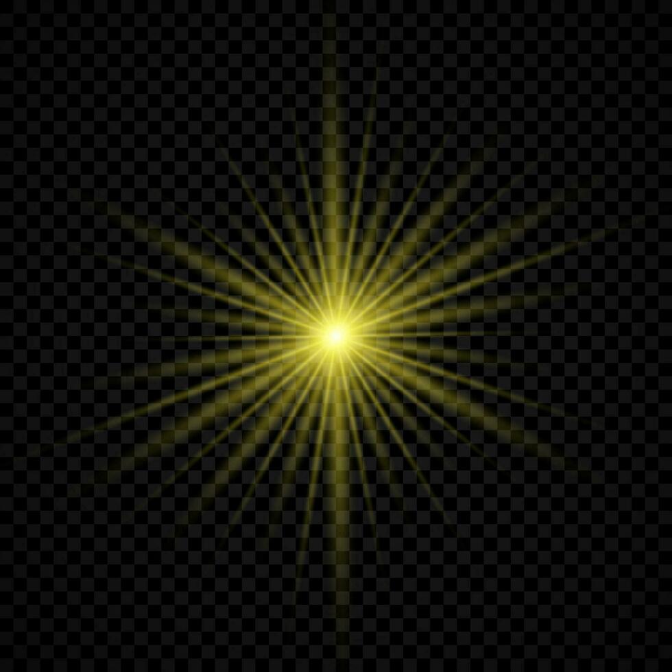 leggero effetto di lente razzi. giallo raggiante luci starburst effetti con scintille vettore