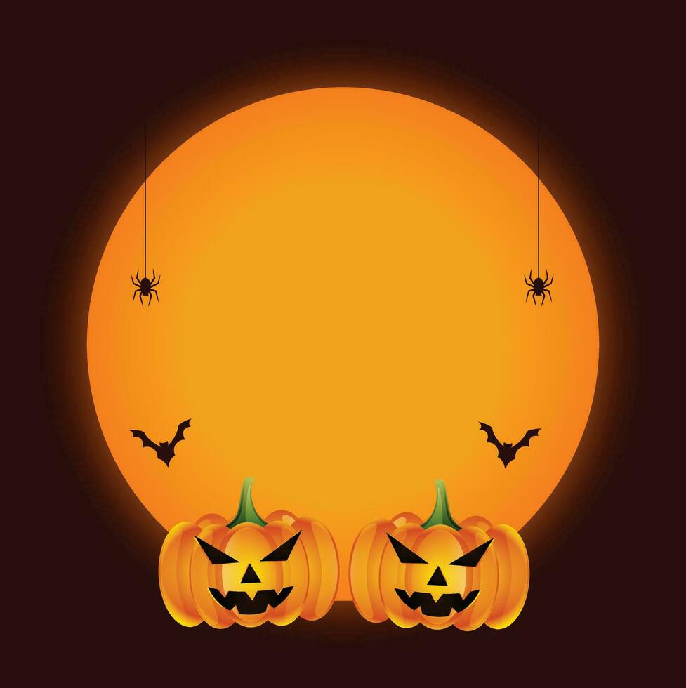 Halloween zucche con Luna su arancia notte sfondo. illustrazione può essere Usato per figli di vacanza disegno, carte, inviti, striscioni. vacanza carta con Jack o' lanterne, pipistrelli e nero ragno. vettore