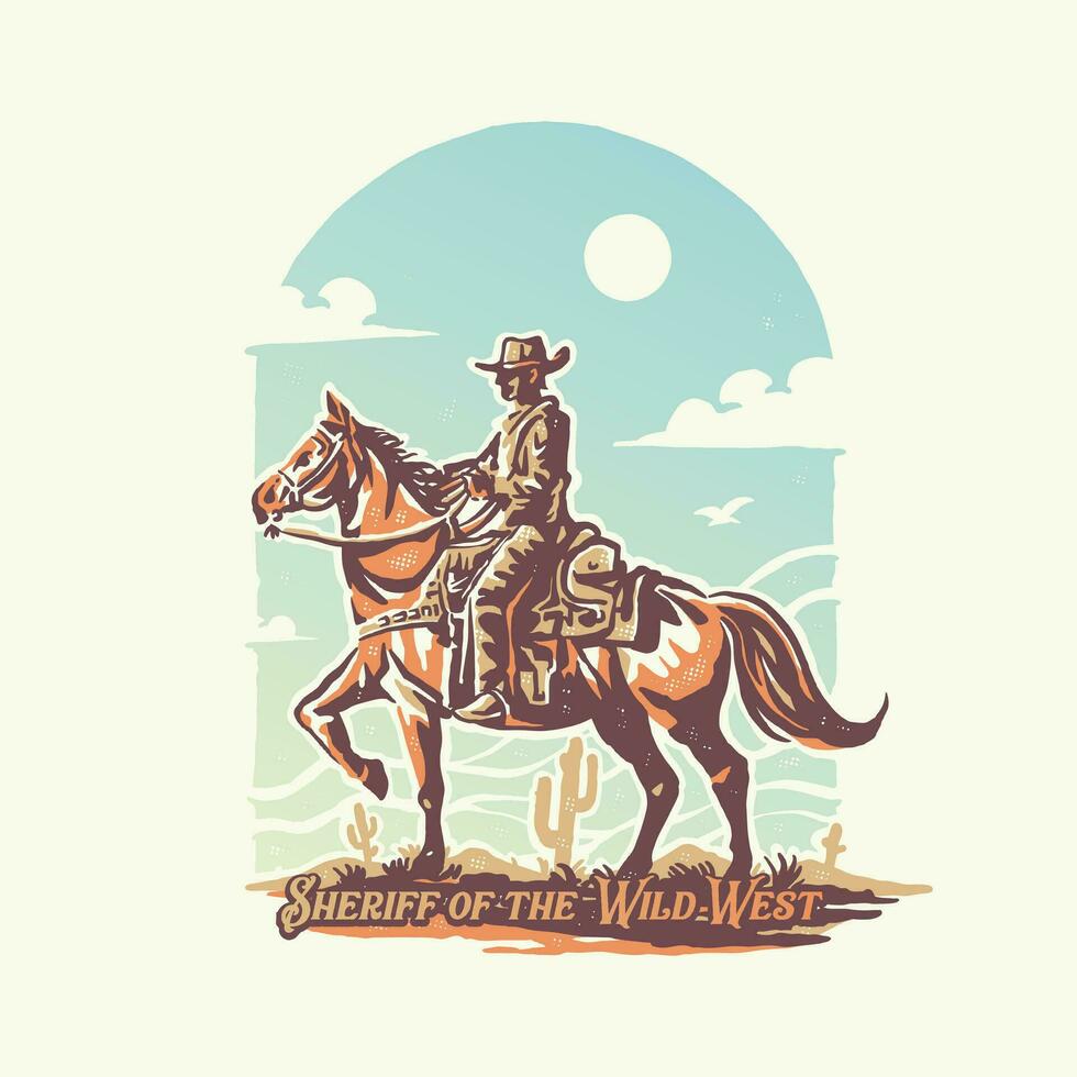 un' cowboy equitazione un' cavallo nel il deserto con un' Vintage ▾ retrò stile illustrazione vettore