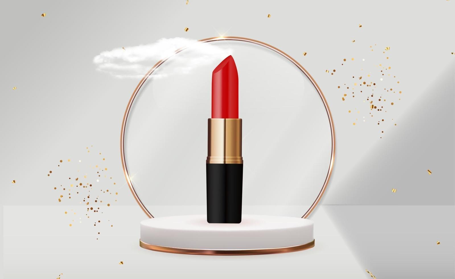 Rossetto rosso realistico 3d su modello di progettazione podio bianco di prodotti cosmetici di moda per annunci, volantini, banner o sfondo di riviste vettore