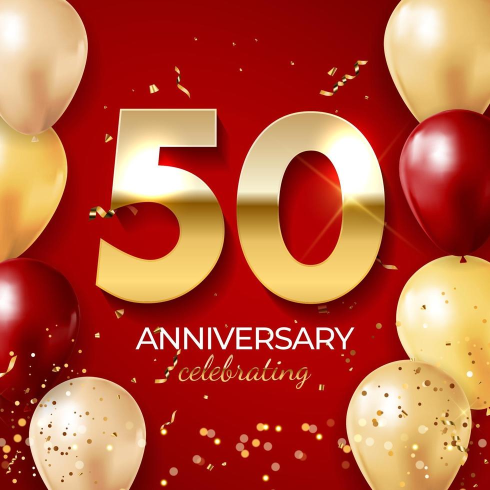 decorazione per la celebrazione dell'anniversario. numero d'oro 50 con coriandoli, palloncini, brillantini e nastri di stelle filanti su sfondo rosso vettore