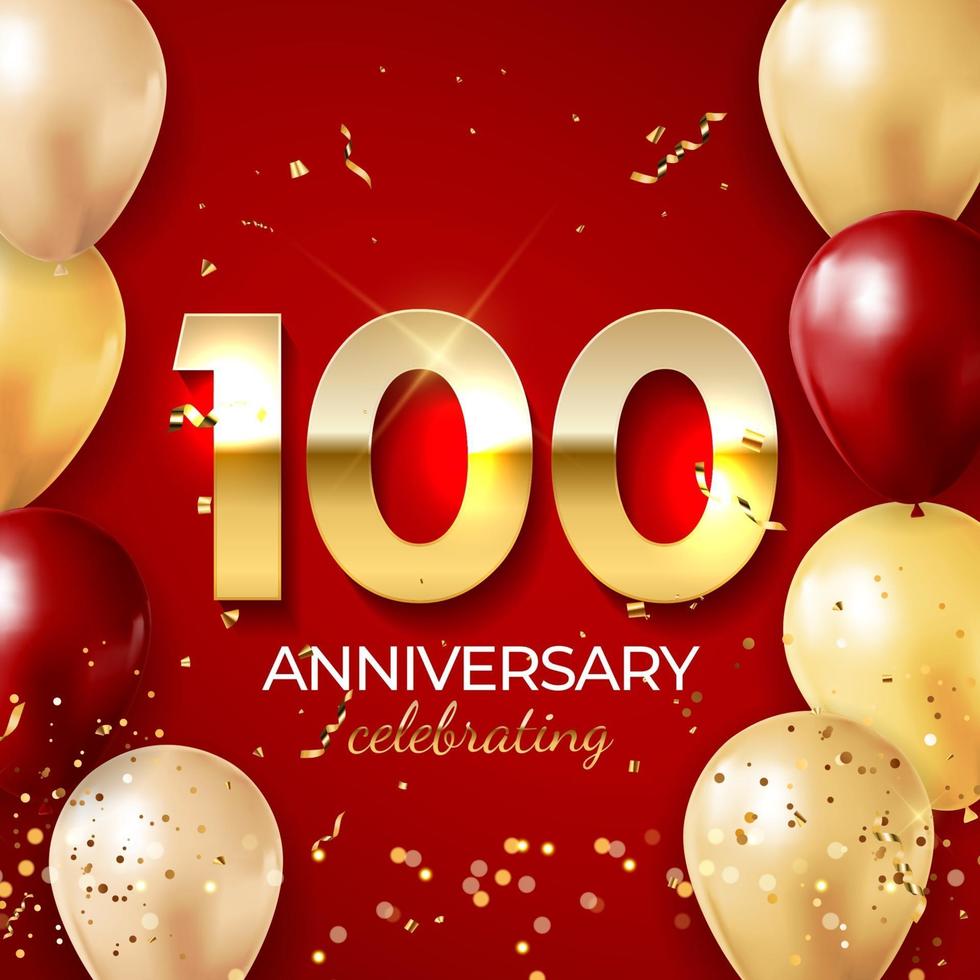 decorazione per la celebrazione dell'anniversario. numero d'oro 100 con coriandoli, palloncini, brillantini e nastri di stelle filanti su sfondo rosso vettore