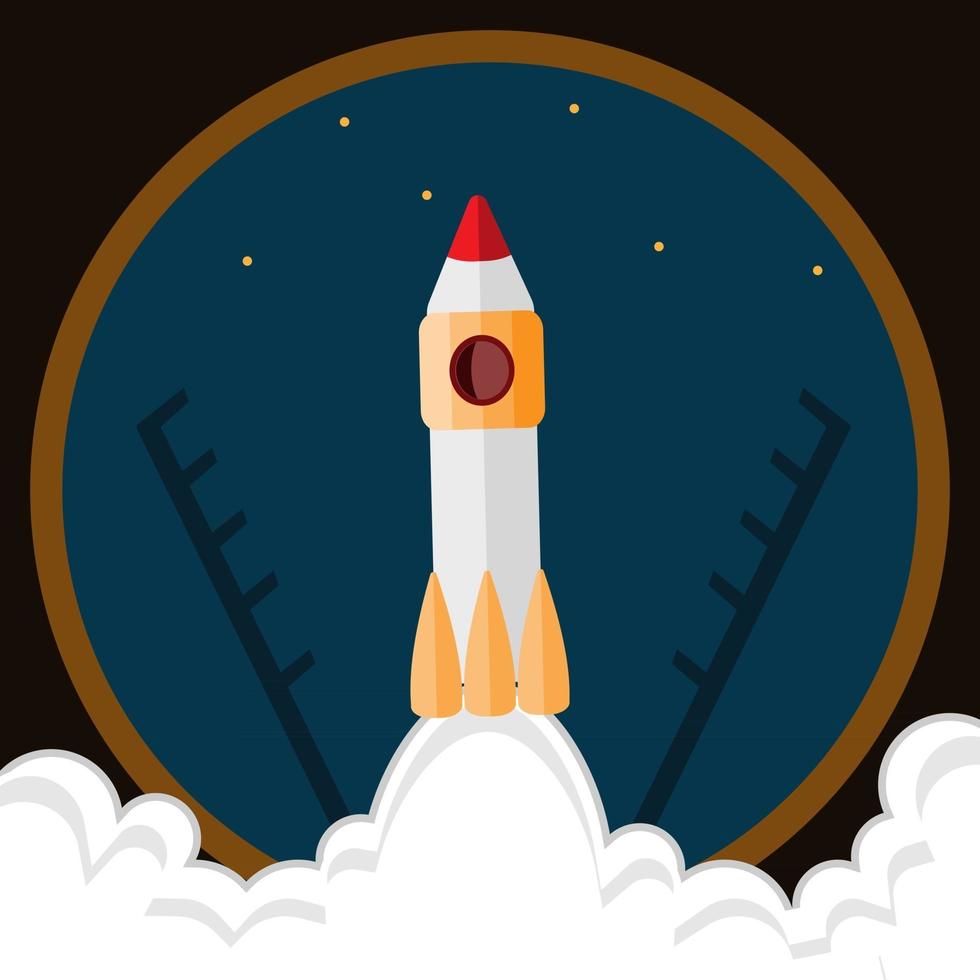 icona sul tema razzo spaziale al lancio del cosmodromo dalla terra in stile piatto vettore