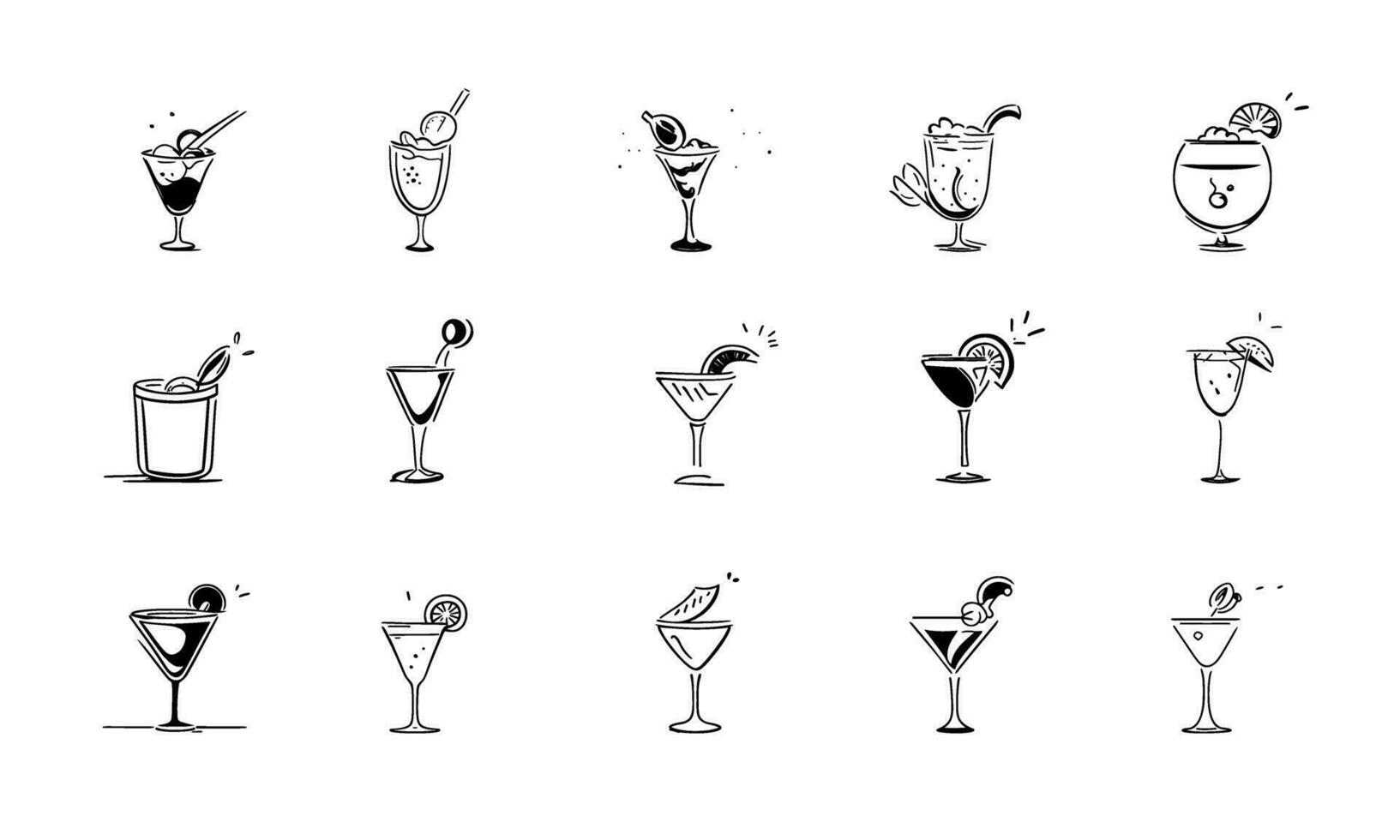 bevanda e alcool icona impostato vettore. collezione di mano disegnato alcolizzato cocktail. semplice a mano libera forma nel grunge stile. impostato di linea arte illustrazioni di bicchieri per alcolizzato bevande. vettore