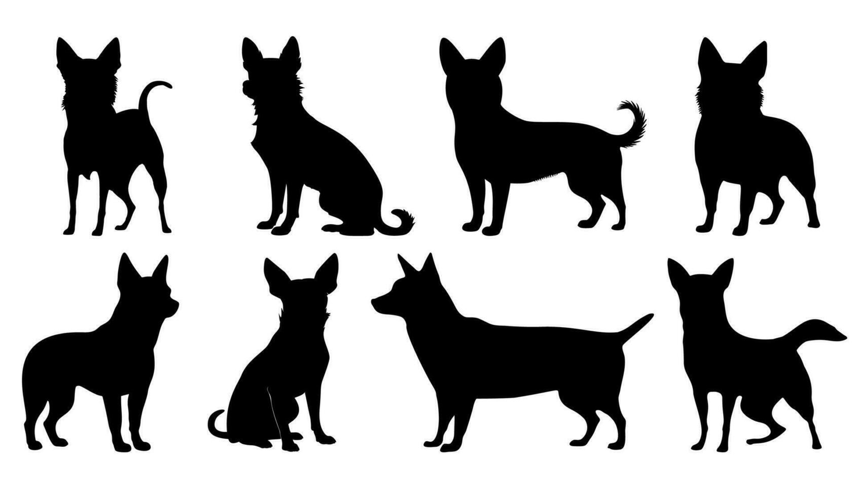 chihuahua piccolo cane nero sagome impostare. icone animale domestico nel vario pose. vettore illustrazione isolato su bianca sfondo