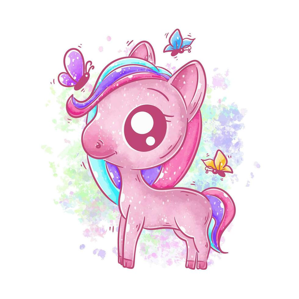 carino unicorno è giocando con farfalla cartone animato vettore