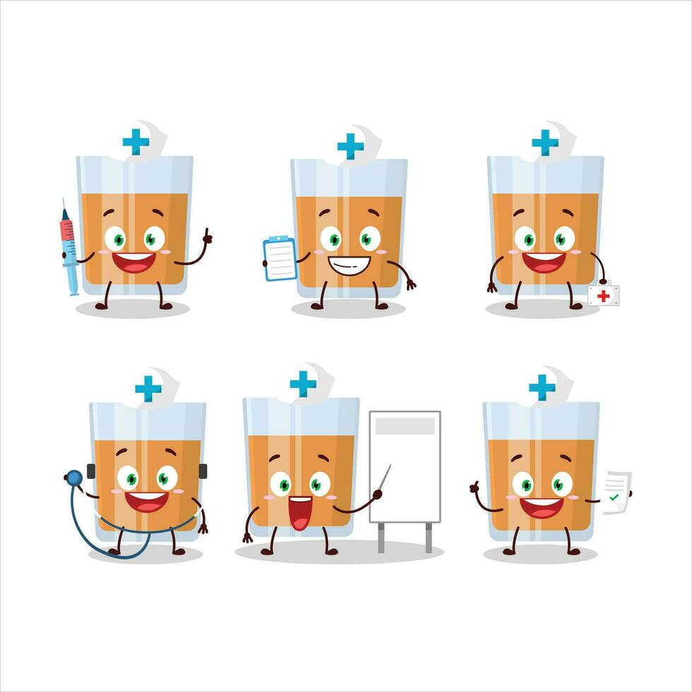 medico professione emoticon con bicchiere di cioccolatini cartone animato personaggio vettore