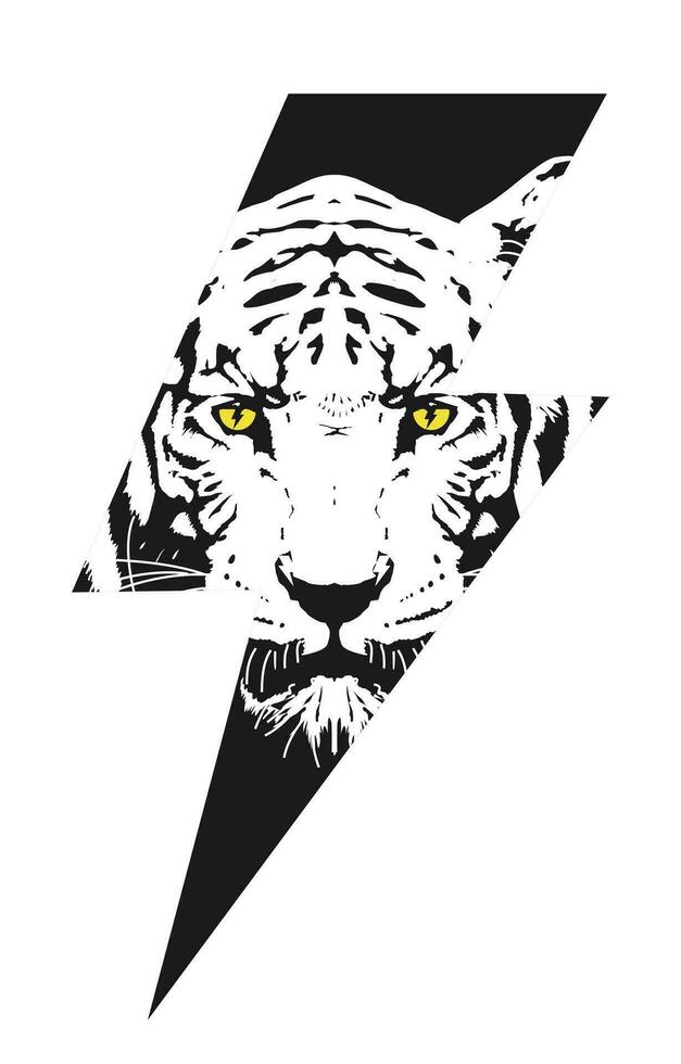 design per maglietta di il simbolo di fulmine con il testa di un' tigre. vettore illustrazione di natura e moda.